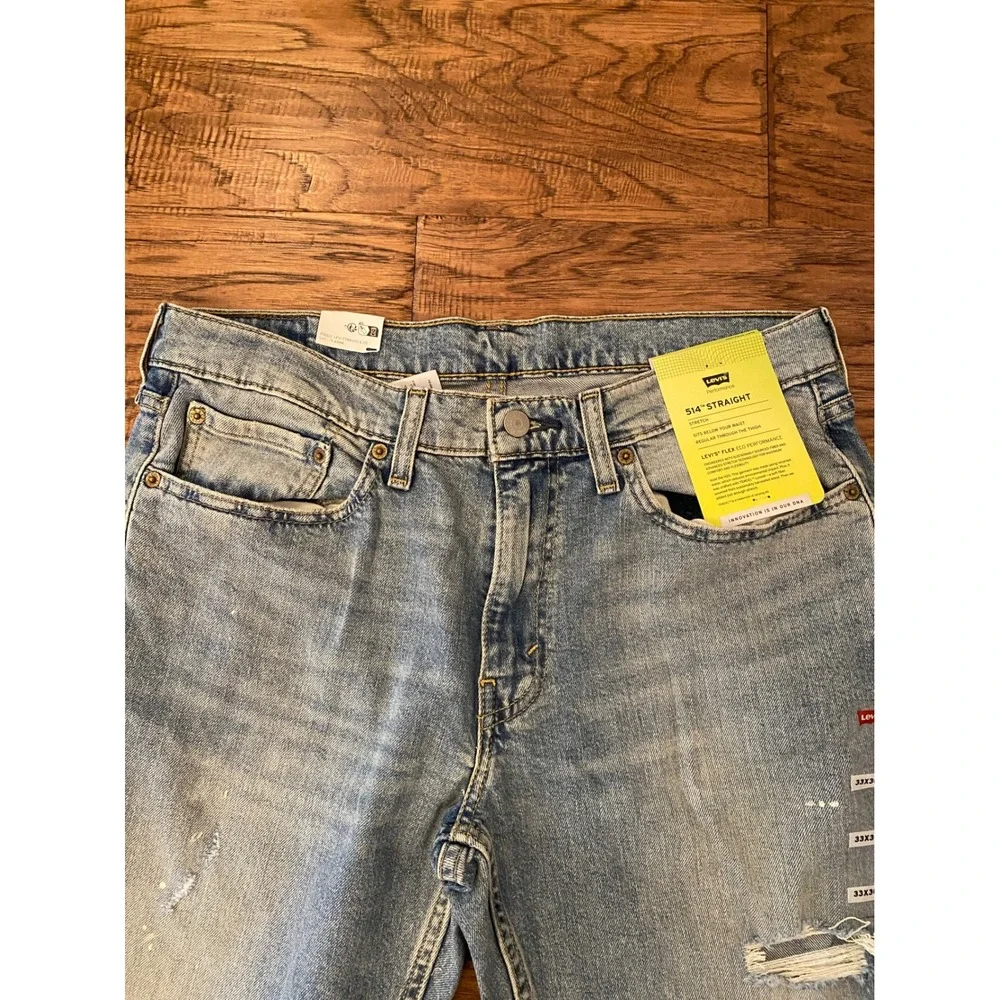 Levis 514 Straight Fit Mens 33x30 Light Wash Distressed Flex Jeans New